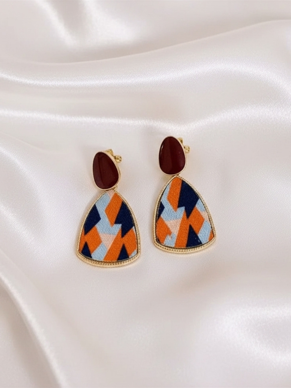 Retro Style Geometric Orange & Navy & Blue Drop Earrings -‎ 925 Silver Needle